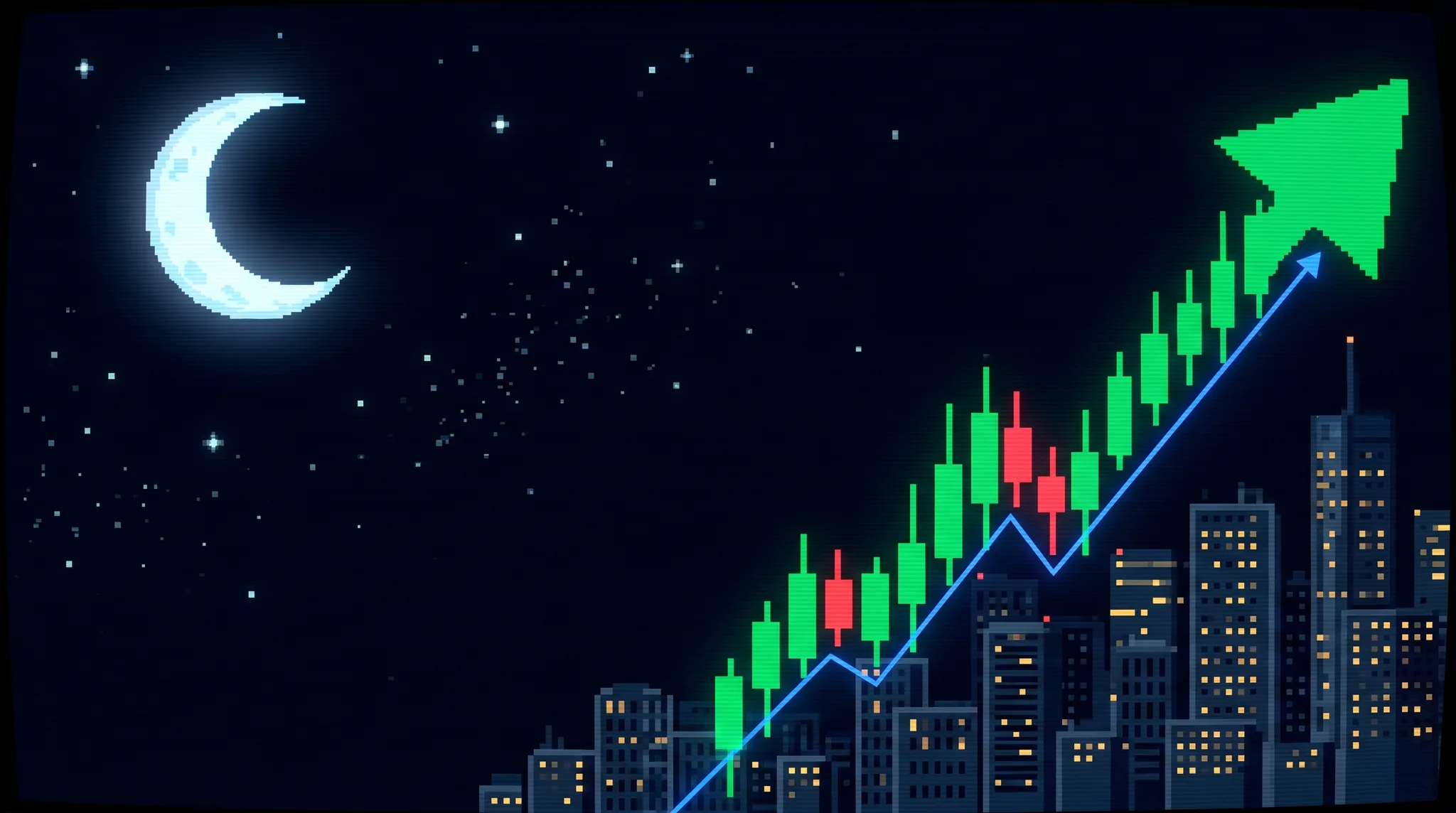 Pixel-art night skyline with a rising candlestick chart climbing into an upward arrow beneath a glowing moon.